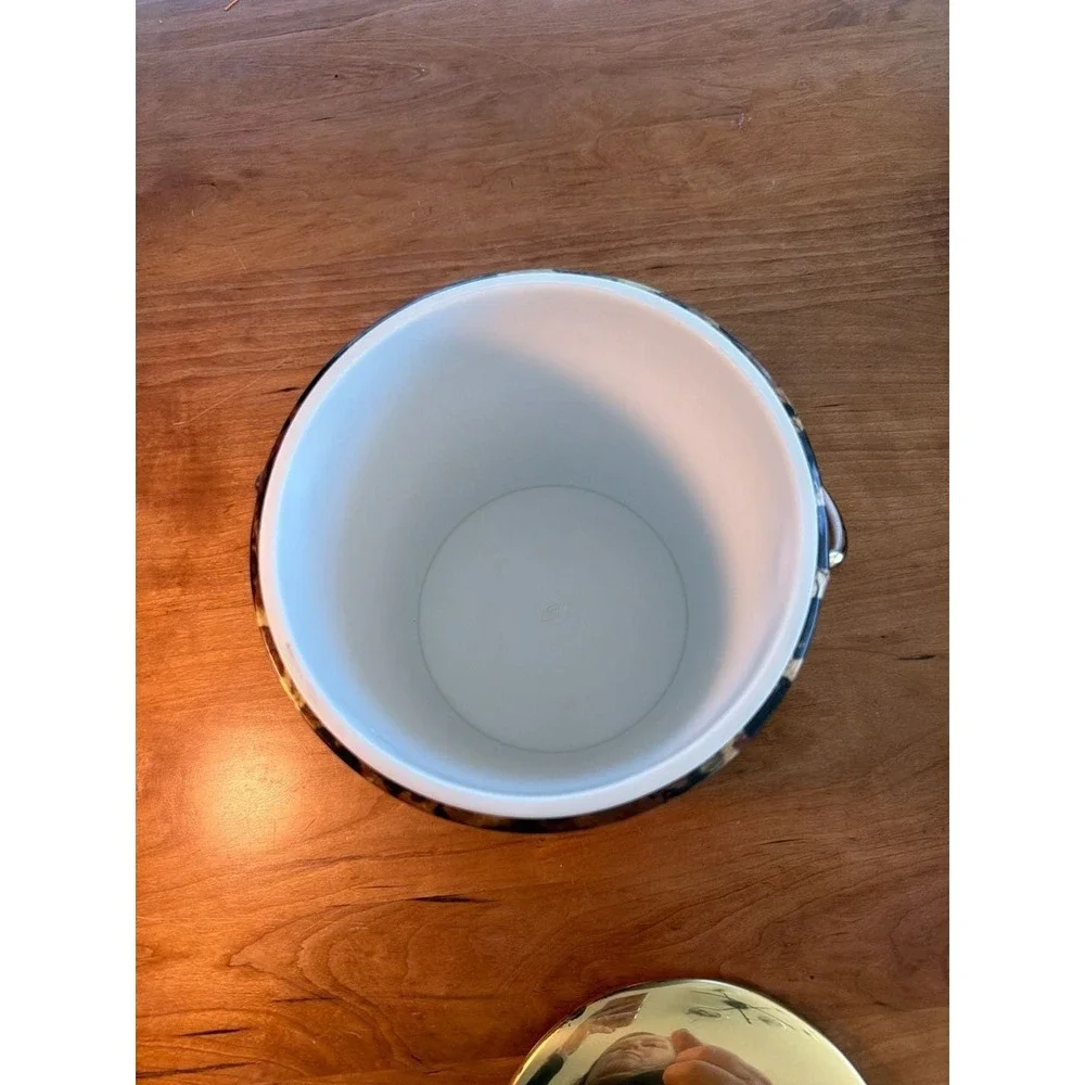 Vintage Mid-Century Modern Gessner Tortoise Shell Vinyl Ice Bucket with Brass Ha